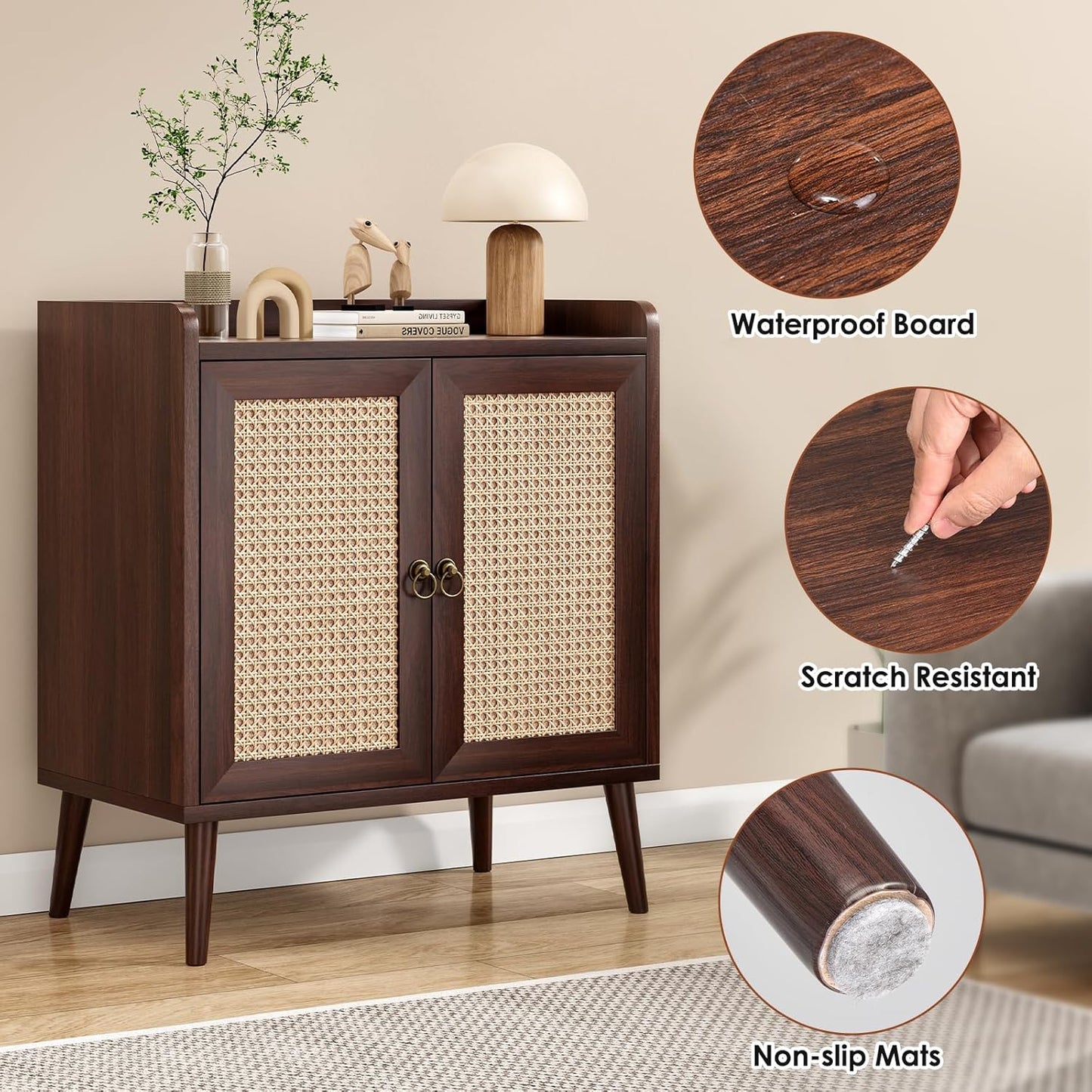 Rattan Doors Storage Cabinet Walnut Finish