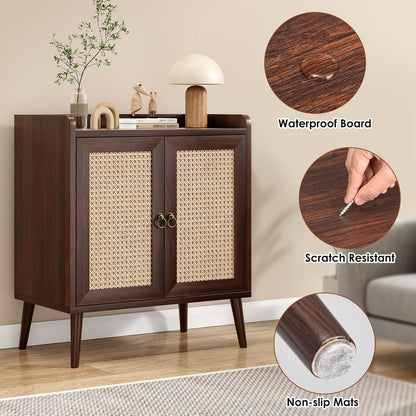 Rattan Doors Storage Cabinet Walnut Finish