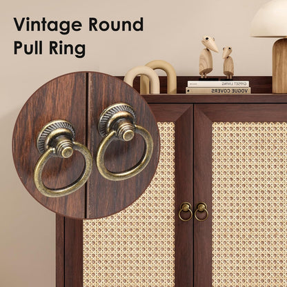 Rattan Doors Storage Cabinet Walnut Finish