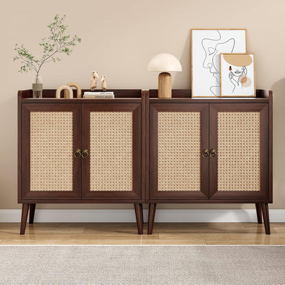 Rattan Doors Storage Cabinet Walnut Finish