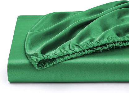 Silk Satin Fitted Sheet With Pillow Covers Green