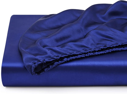 Silk Satin Fitted Sheet With Pillow Covers Navy Blue