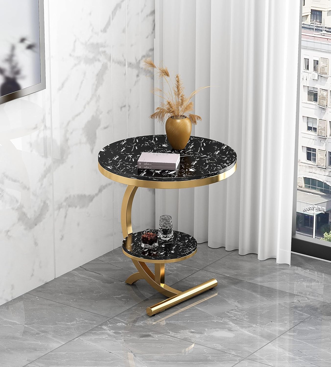 C Shape Marble & Metal Side Table