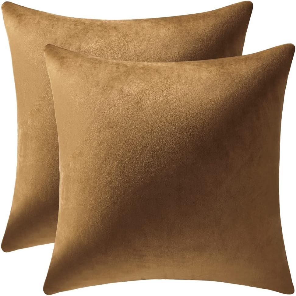 Soft Velvet Square Throw Pillow Cases or Cushion Covers Golden Brown