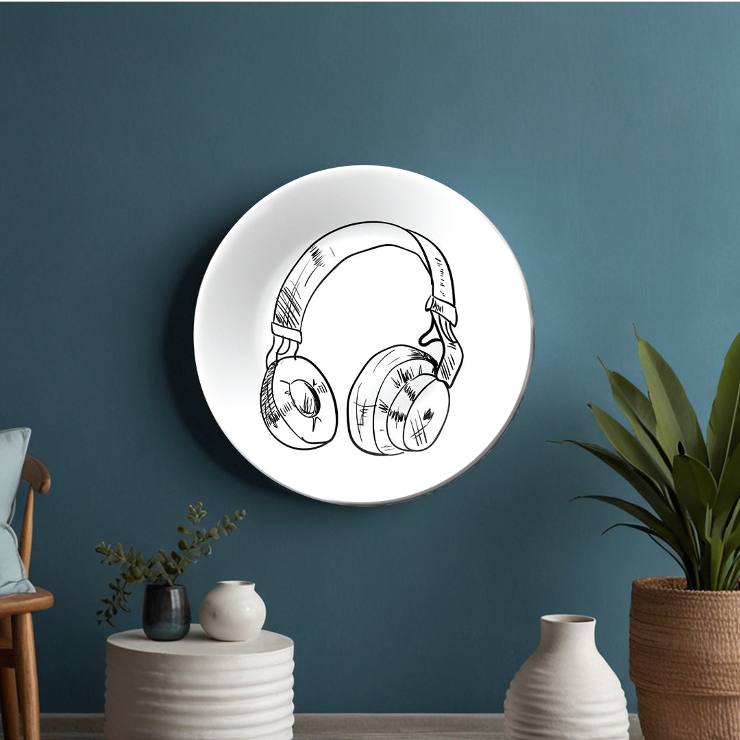 Headphone Black and White Art Decorative Wall Plate