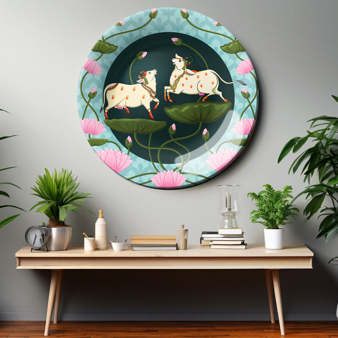 Pichwai Cow and Lotus Home Decor Ceramic Wall Plate