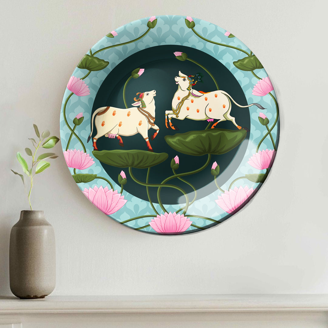 Pichwai Cow and Lotus Home Decor Ceramic Wall Plate