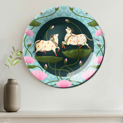 Pichwai Cow and Lotus Home Decor Ceramic Wall Plate