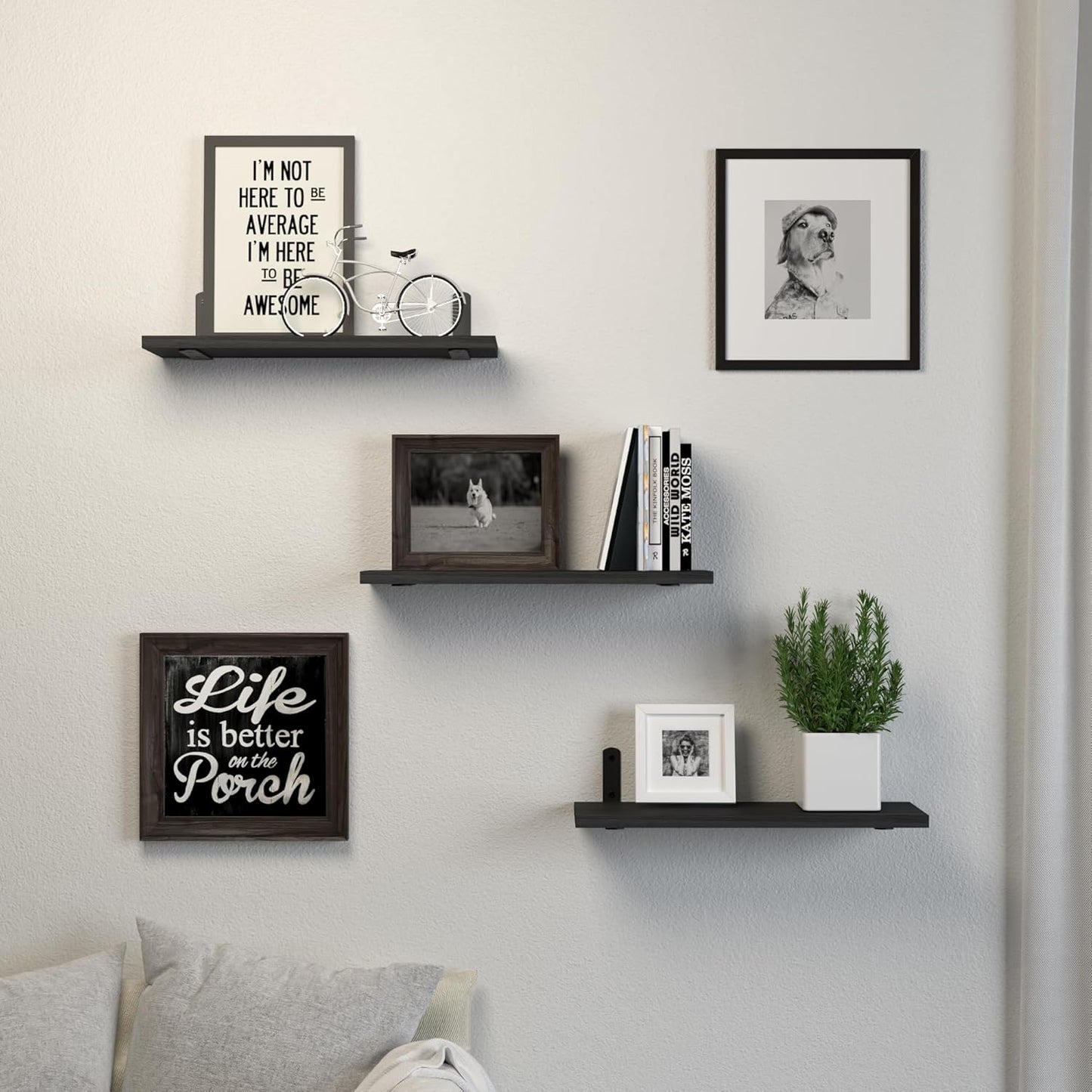 Set of 3 Wall Mounted Floating Wood Shelves Black