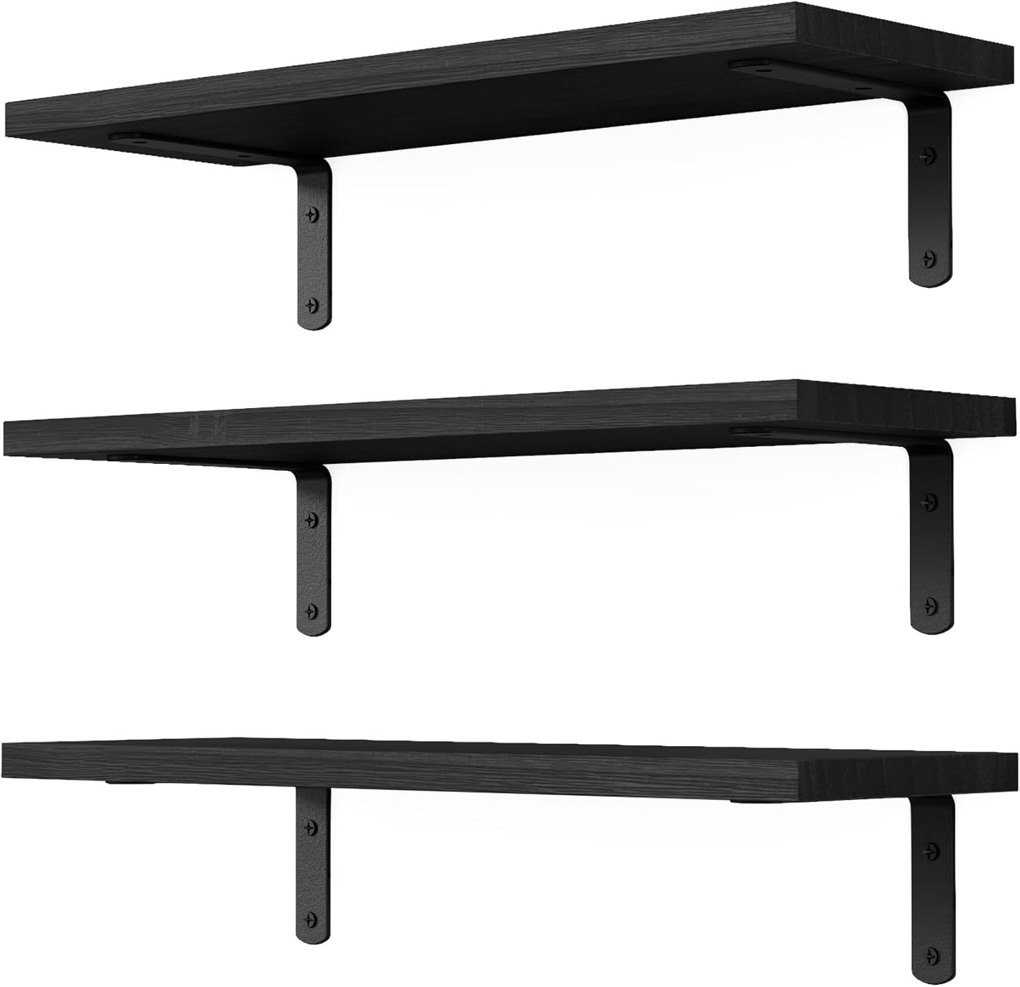 Set of 3 Wall Mounted Floating Wood Shelves Black