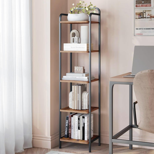 5 Tier Industrial Corner Bookshelf Brown