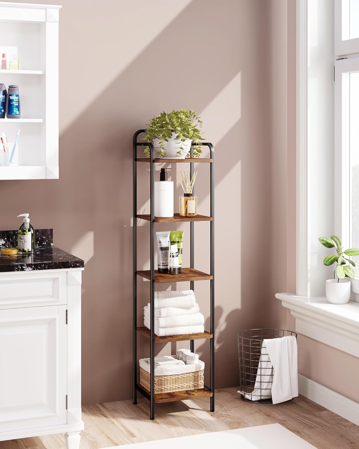 5 Tier Industrial Corner Bookshelf Brown