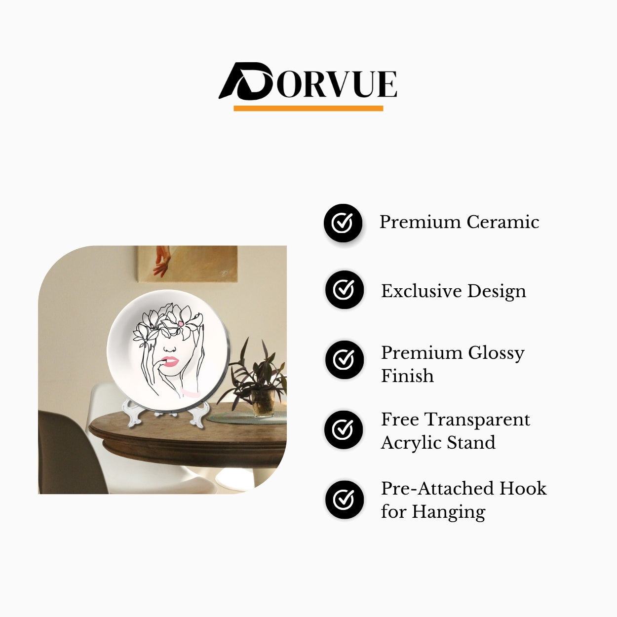 Artistic Aura Contemporary Floral Line Art Ceramic Decorative Wall Plate