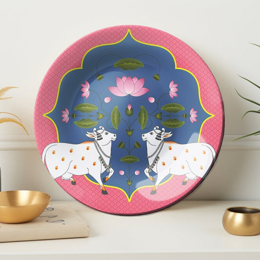 Sacred cow and Lotus Decorative Ceramic Wall Plate