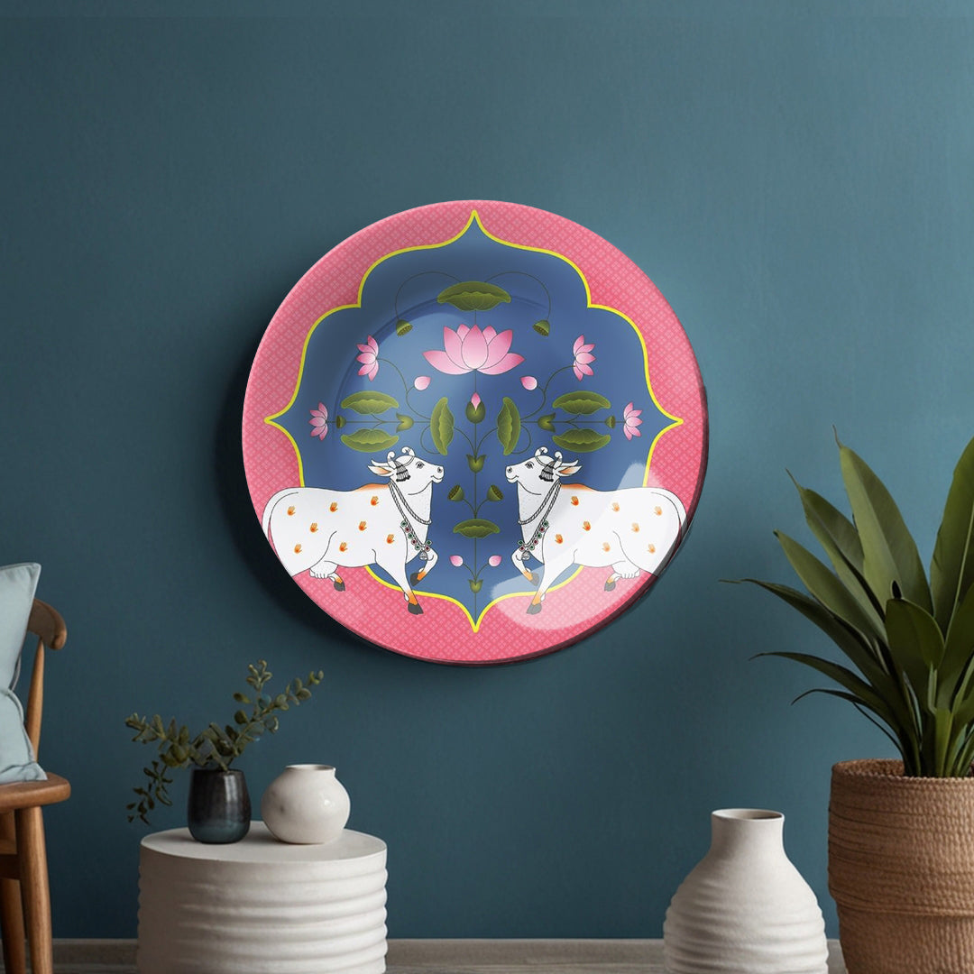 Sacred cow and Lotus Decorative Ceramic Wall Plate