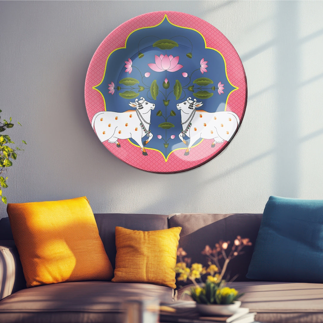 Sacred cow and Lotus Decorative Ceramic Wall Plate