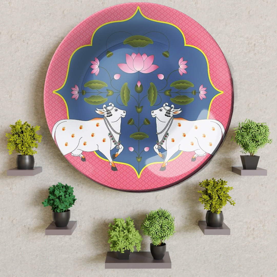 Sacred cow and Lotus Decorative Ceramic Wall Plate