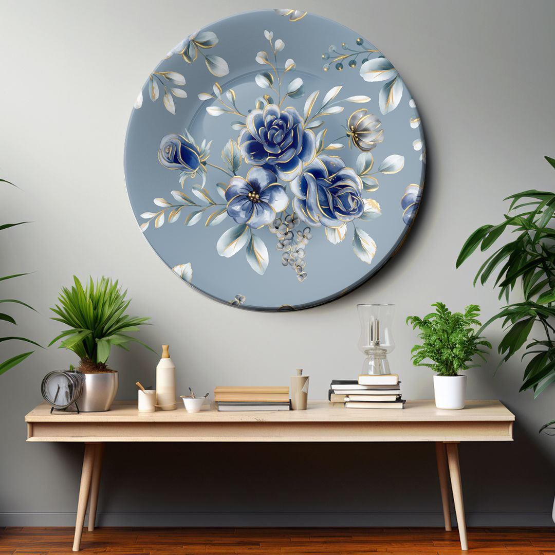 Captivating Blue and Gold Flowers Decorative Wall Plate