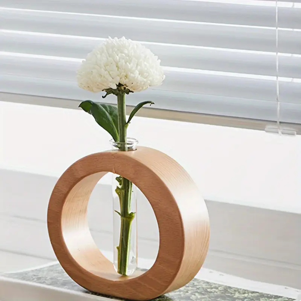 Chic Round Glass and Wooden Vase