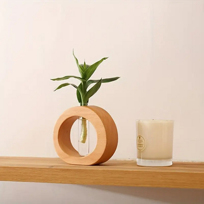 Chic Round Glass and Wooden Vase