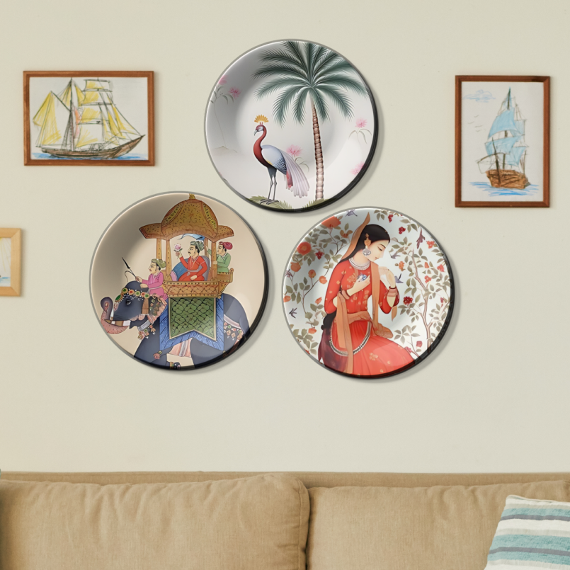 Set of 3 Assorted Nature and Culture Ceramic Decorative Wall Plates Décor