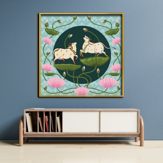 Divine Lotus and Cows Pichwai Canvas Painting Framed Wall Art