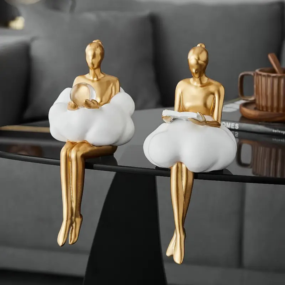 Set of 2 Modern Golden Female Sculptures