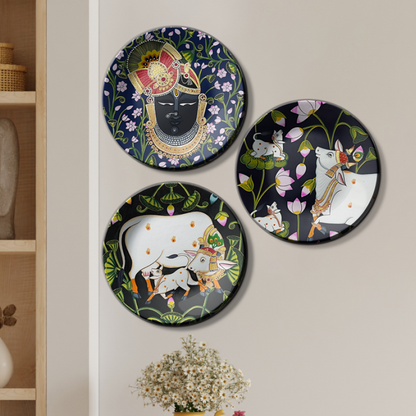 Set of 3 Shrinath Ji and Cow Pichwai Decorative Wall Plates