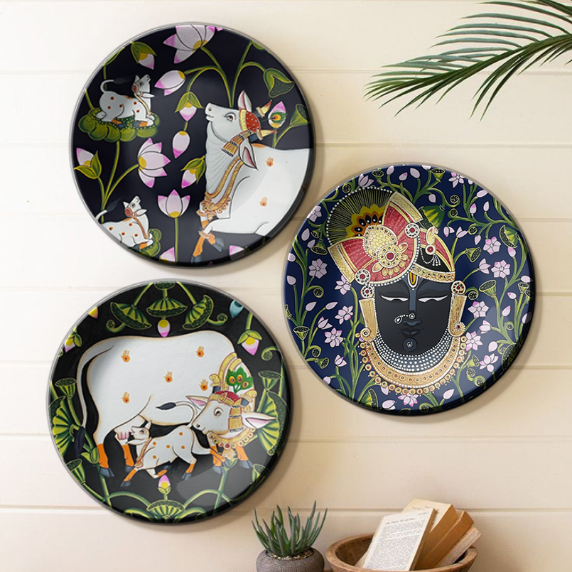 Set of 3 Shrinath Ji and Cow Pichwai Decorative Wall Plates