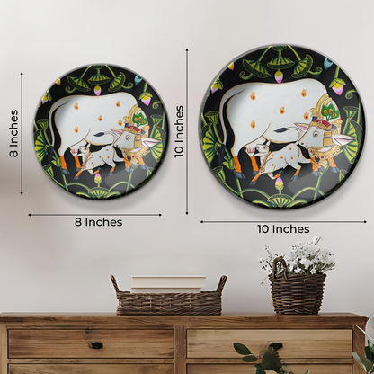 Set of 3 Shrinath Ji and Cow Pichwai Decorative Wall Plates