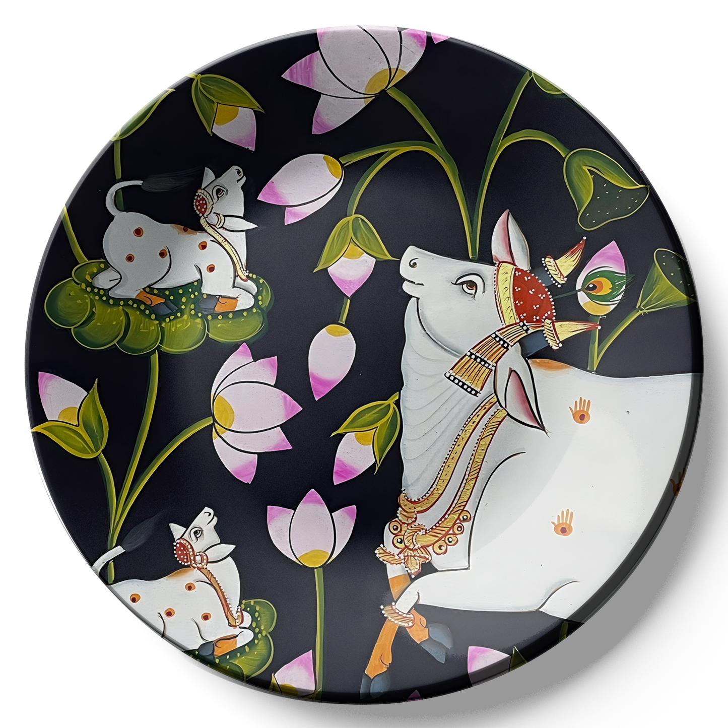 Pichwai Sacred Cow and Lotus Ceramic Wall Plate Home Décor