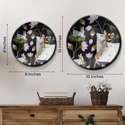 Pichwai Sacred Cow and Lotus Ceramic Wall Plate Home Décor