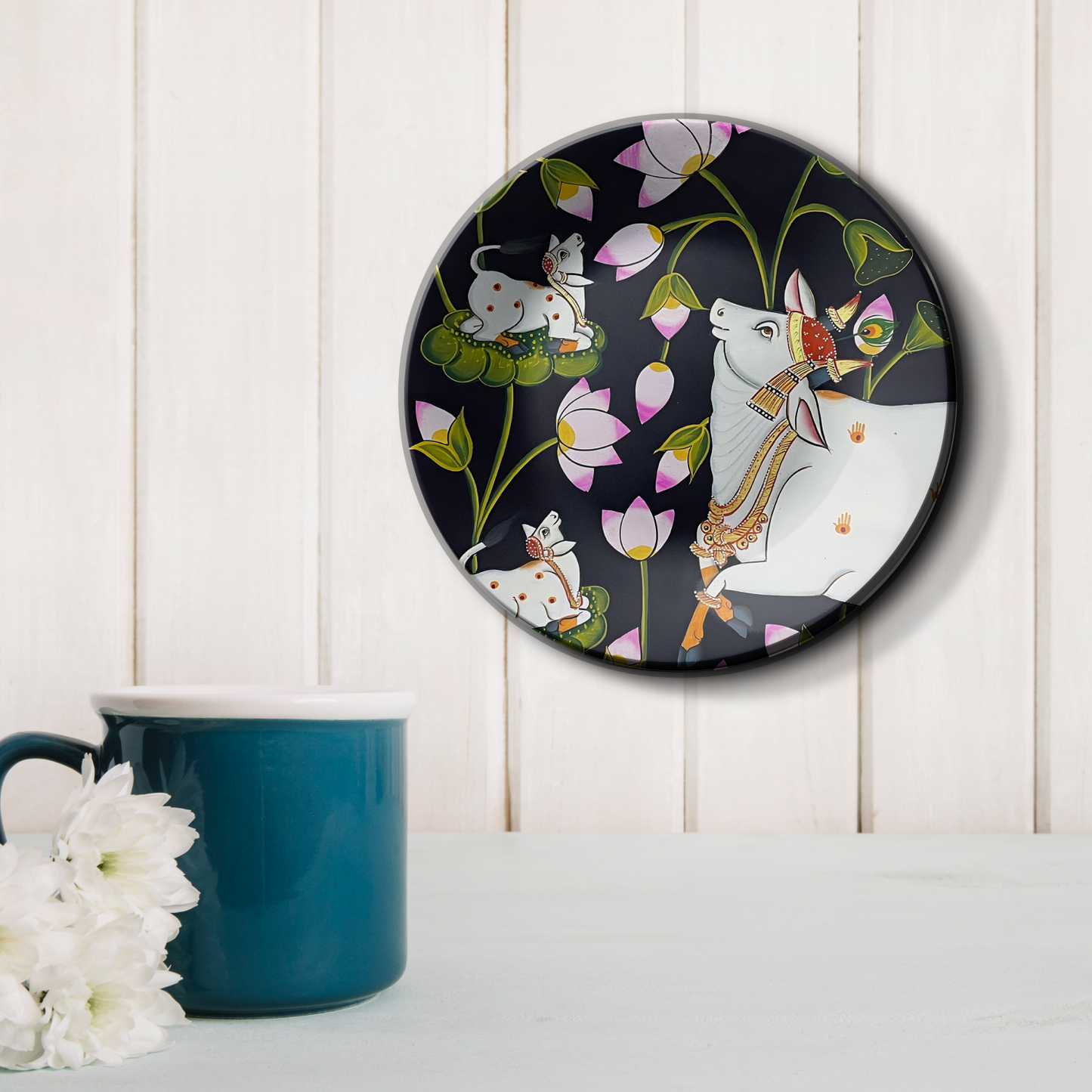 Pichwai Sacred Cow and Lotus Ceramic Wall Plate Home Décor