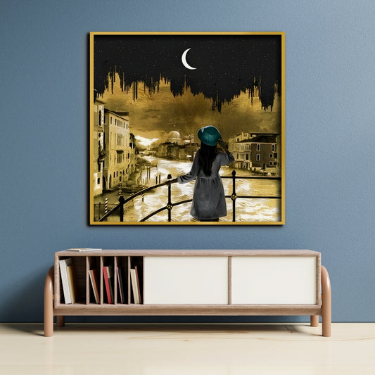 Golden Moonlit Venice Canvas Painting Framed Wall Art