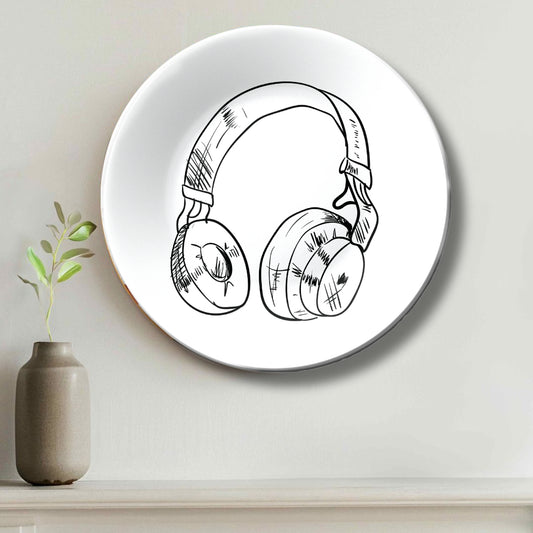 Headphone Black and White Art Decorative Wall Plate