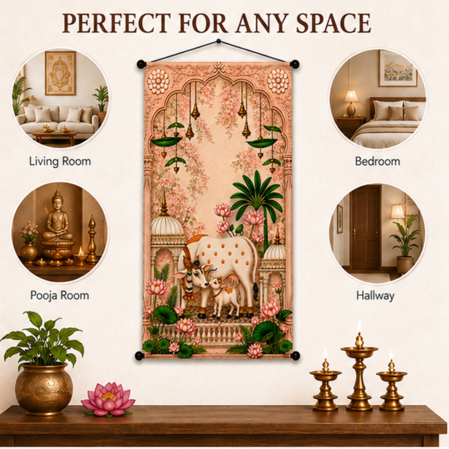 Kamdhenu Cow Wall Hanging Tapestry for Living Room & Pooja Room