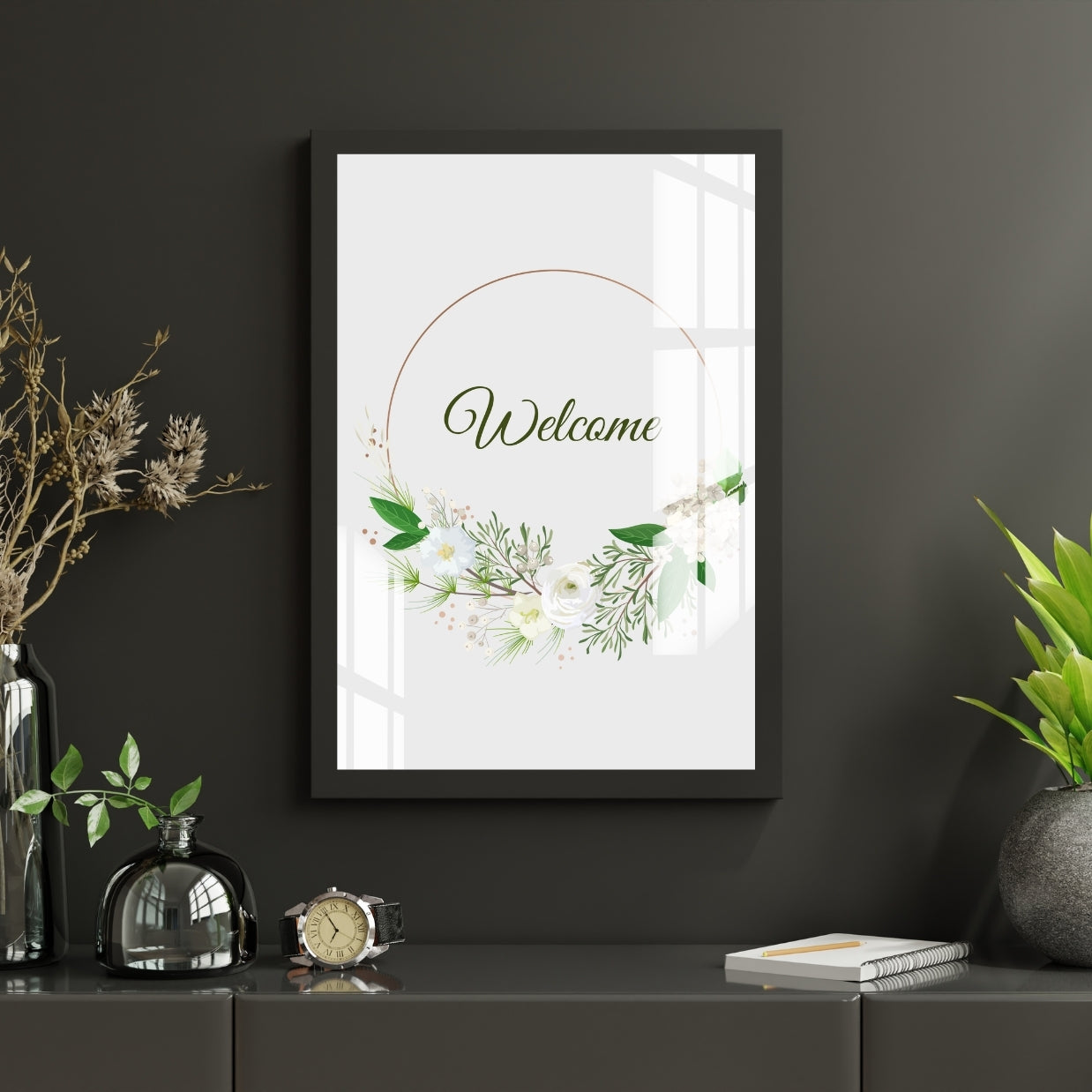 Botanical Welcome Wreath Metal Print With or Without Frame Wall Art
