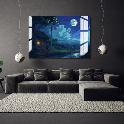 Moonlit Cabin Serenity Metal Print With or Without Frame Wall Art
