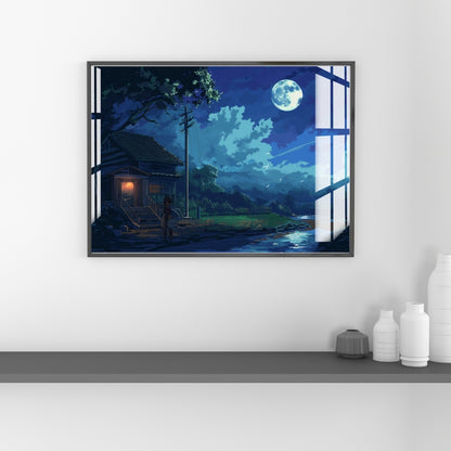 Moonlit Cabin Serenity Metal Print With or Without Frame Wall Art