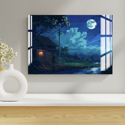 Moonlit Cabin Serenity Metal Print With or Without Frame Wall Art