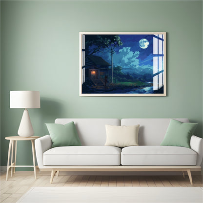 Moonlit Cabin Serenity Metal Print With or Without Frame Wall Art