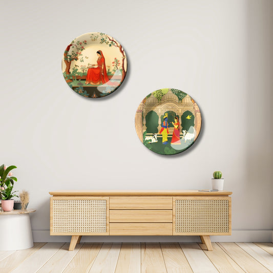 Set of 2 Radha Krishna Conversation & Wait Beautiful Story Home Décor Wall Plates