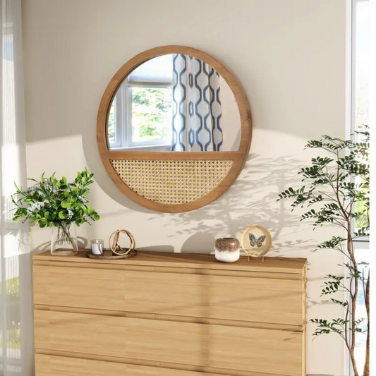 Rattan Round Wall Mirror Vintage Wooden Framed 24"