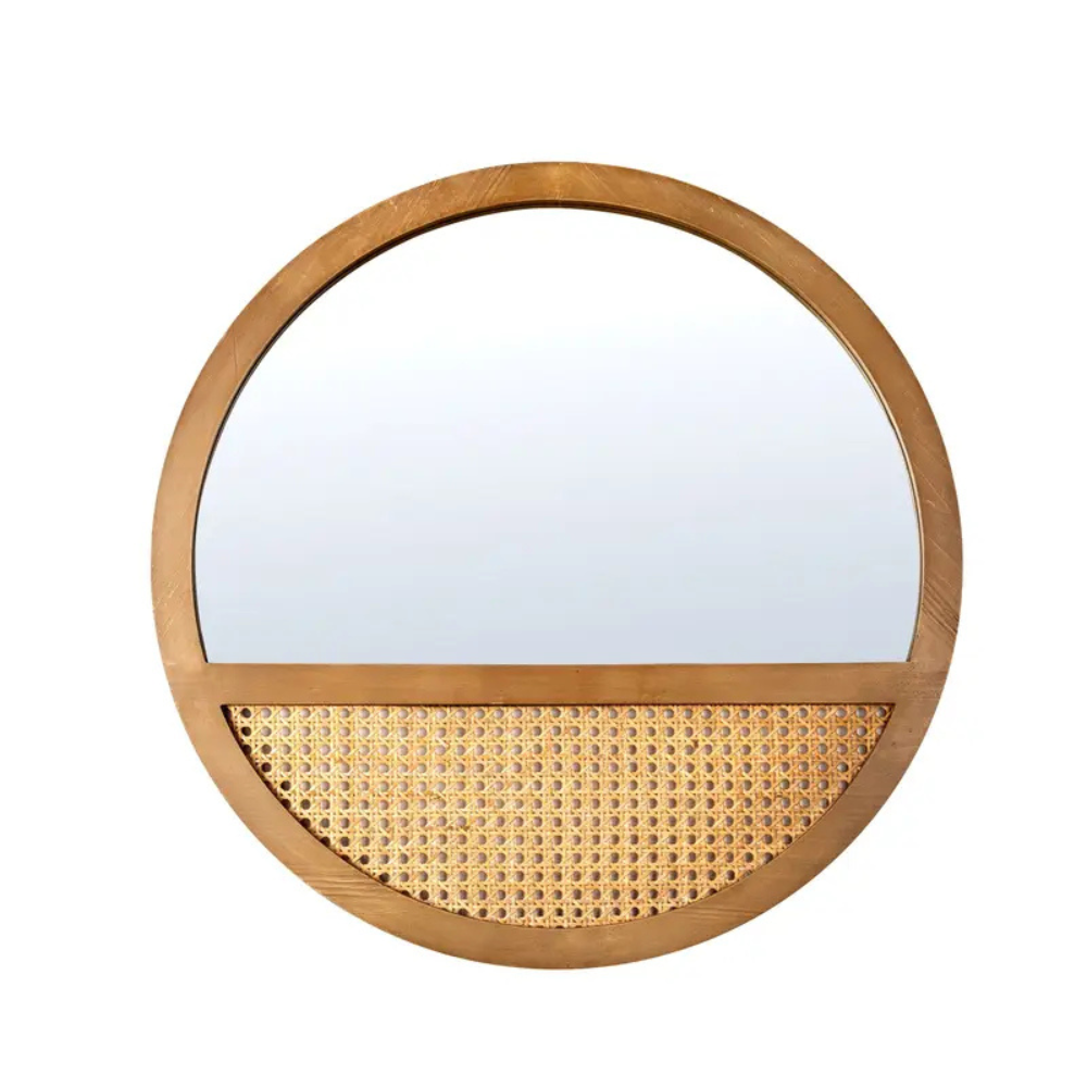 Rattan Round Wall Mirror Vintage Wooden Framed 24"