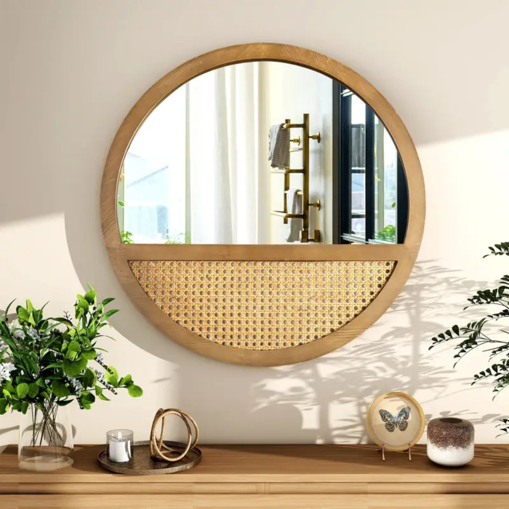 Rattan Round Wall Mirror Vintage Wooden Framed 24"