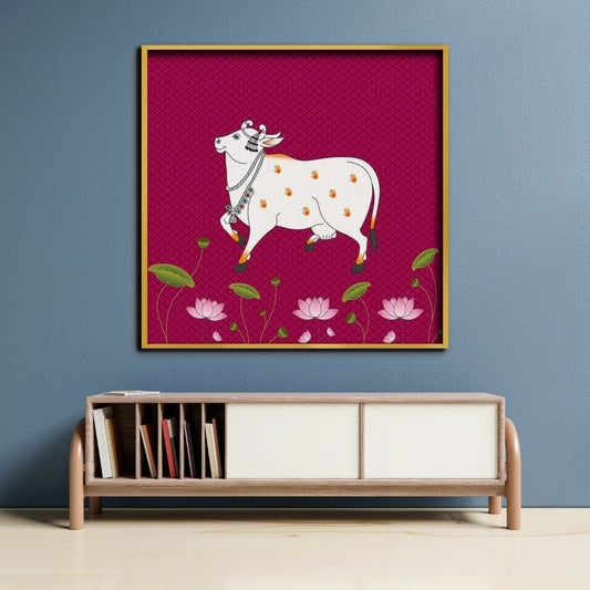 Sacred Pichwai Cow Canvas Painting Framed Wall Art