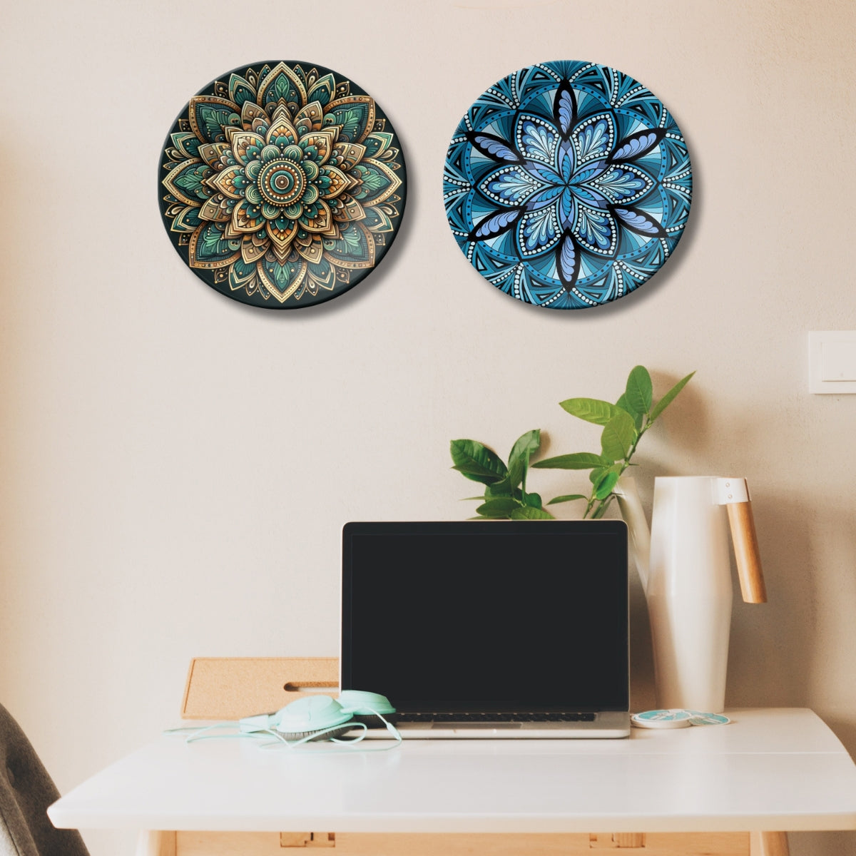 Set of 2 Aadhya Mandala Divine Chakra Ceramic Wall Plates Home Décor