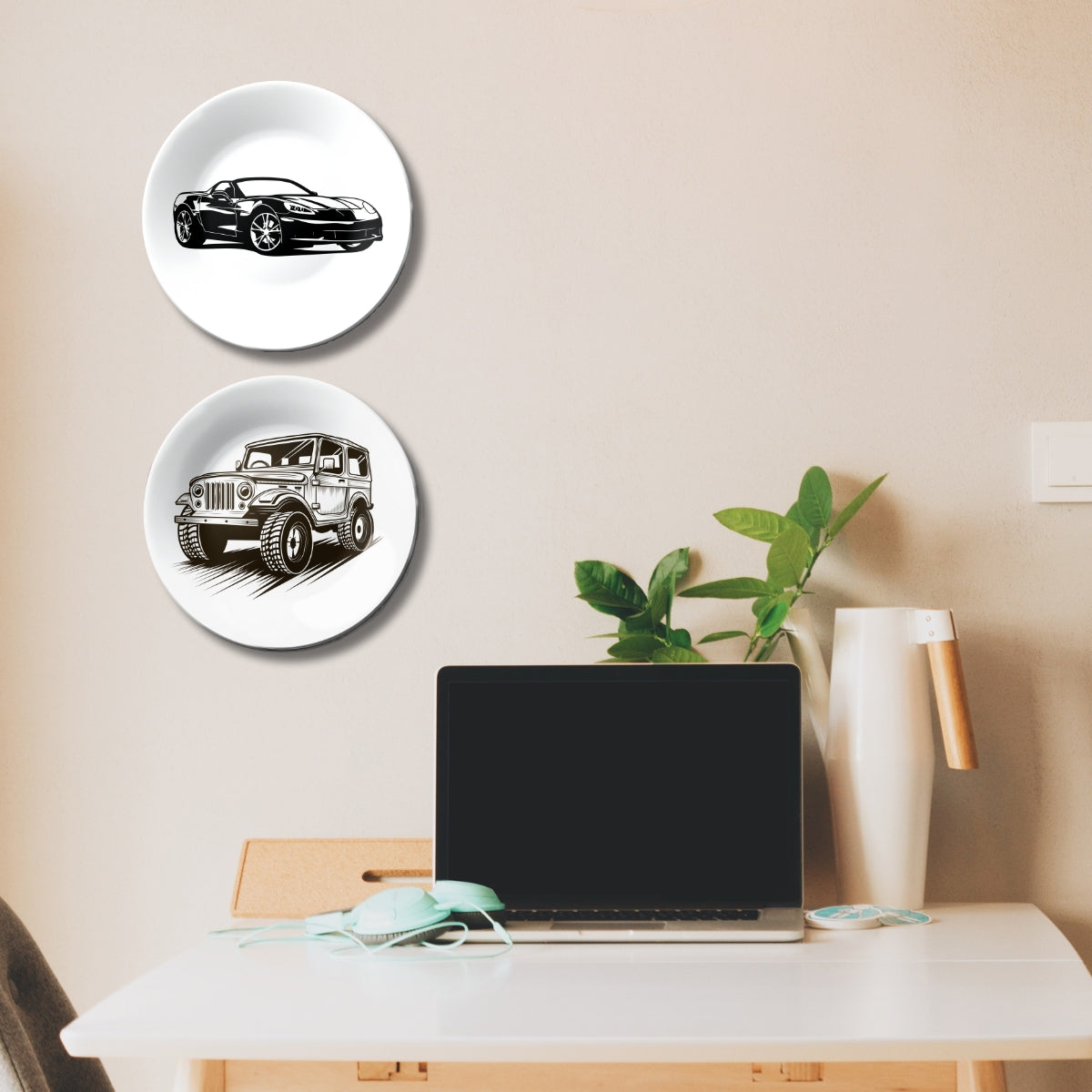 Set of 2 Classic Gear & Grit Ceramic Wall Plates Home Décor