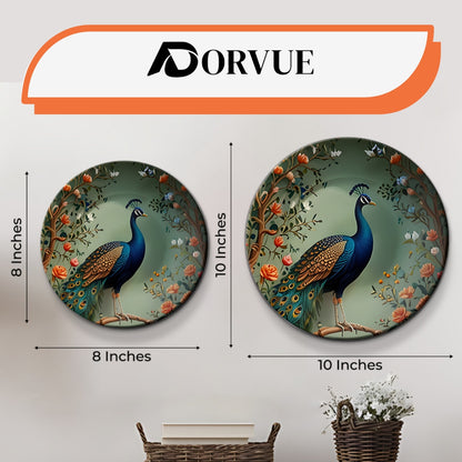 Set of 2 Royal Peacock & Songbird Symphony Ceramic Wall Plates Home Décor