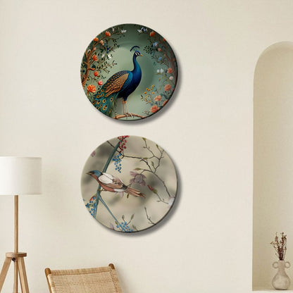 Set of 2 Royal Peacock & Songbird Symphony Ceramic Wall Plates Home Décor